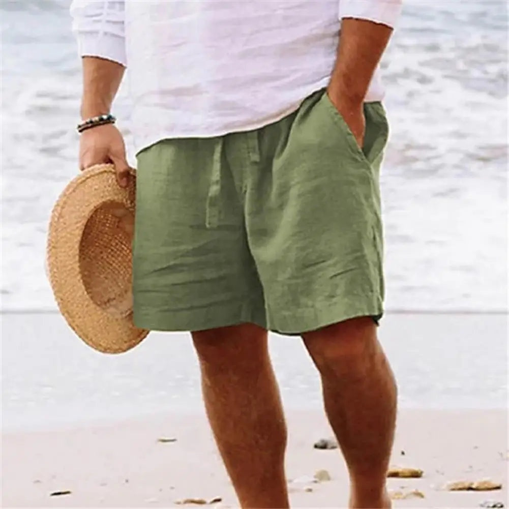 Men's Linen Shorts with Elastic Waist - Green