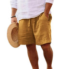 Men's Linen Shorts with Elastic Waist - Yellow