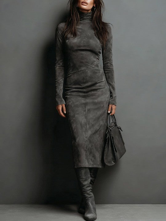 Women's Elegant Suede Maxi Dress for Fall - Black and Gray