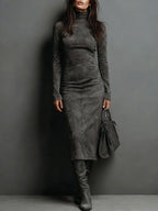 Women's Elegant Suede Maxi Dress for Fall - Black and Gray