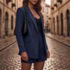 Women's Double-Breasted Blazer and High-Waisted Shorts Set - Navy