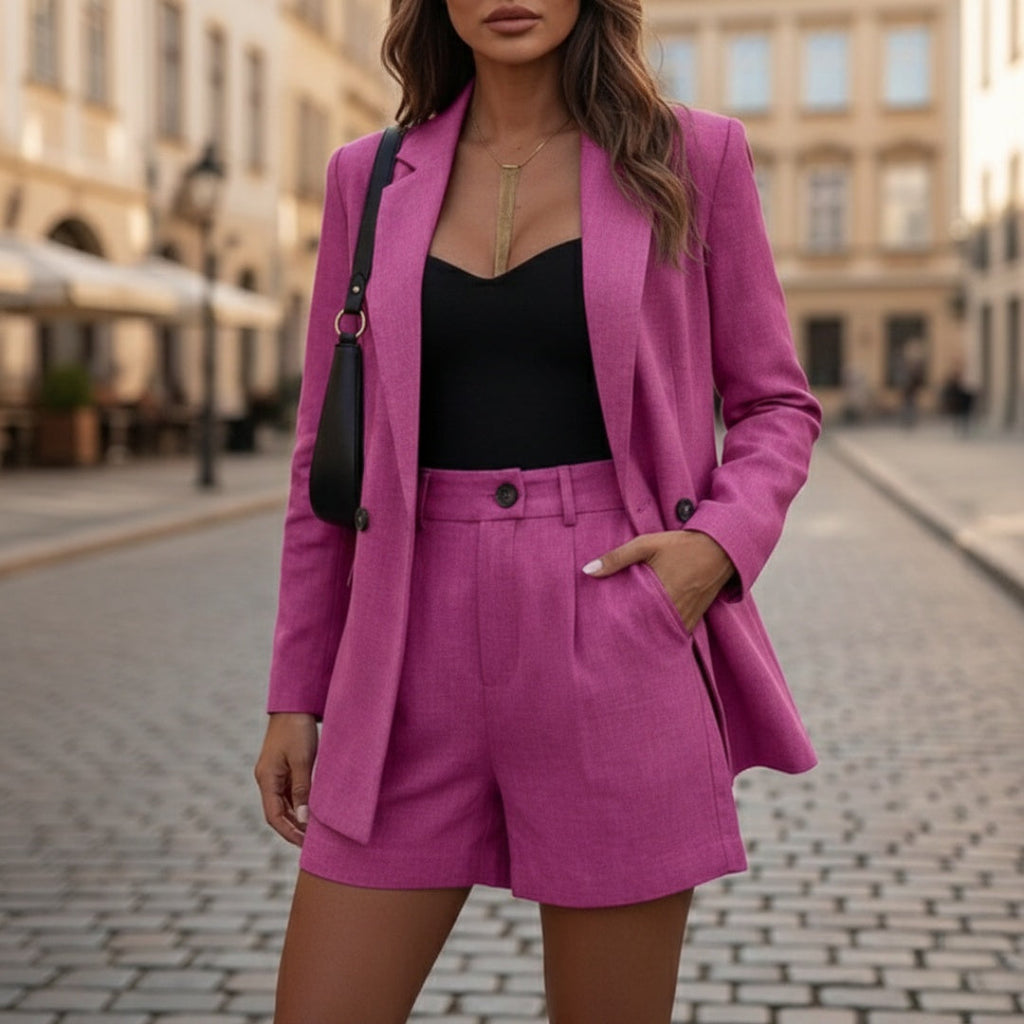 Women's Double-Breasted Blazer and High-Waisted Shorts Set - Pink