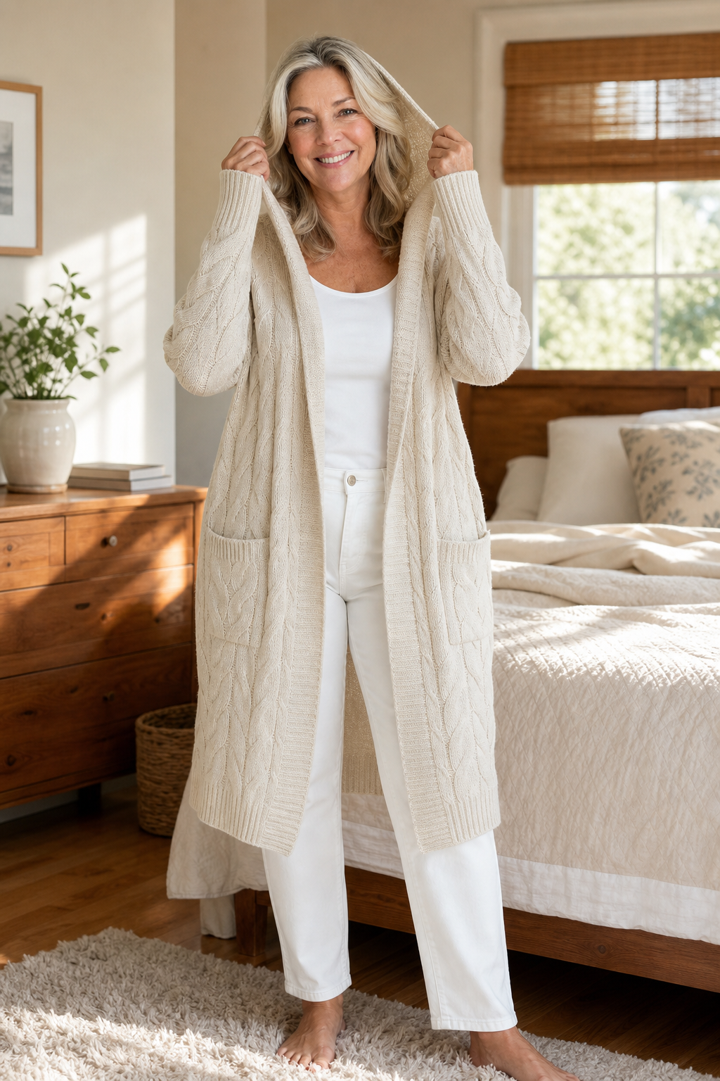 Women's Hooded Cable Knit Cardigan