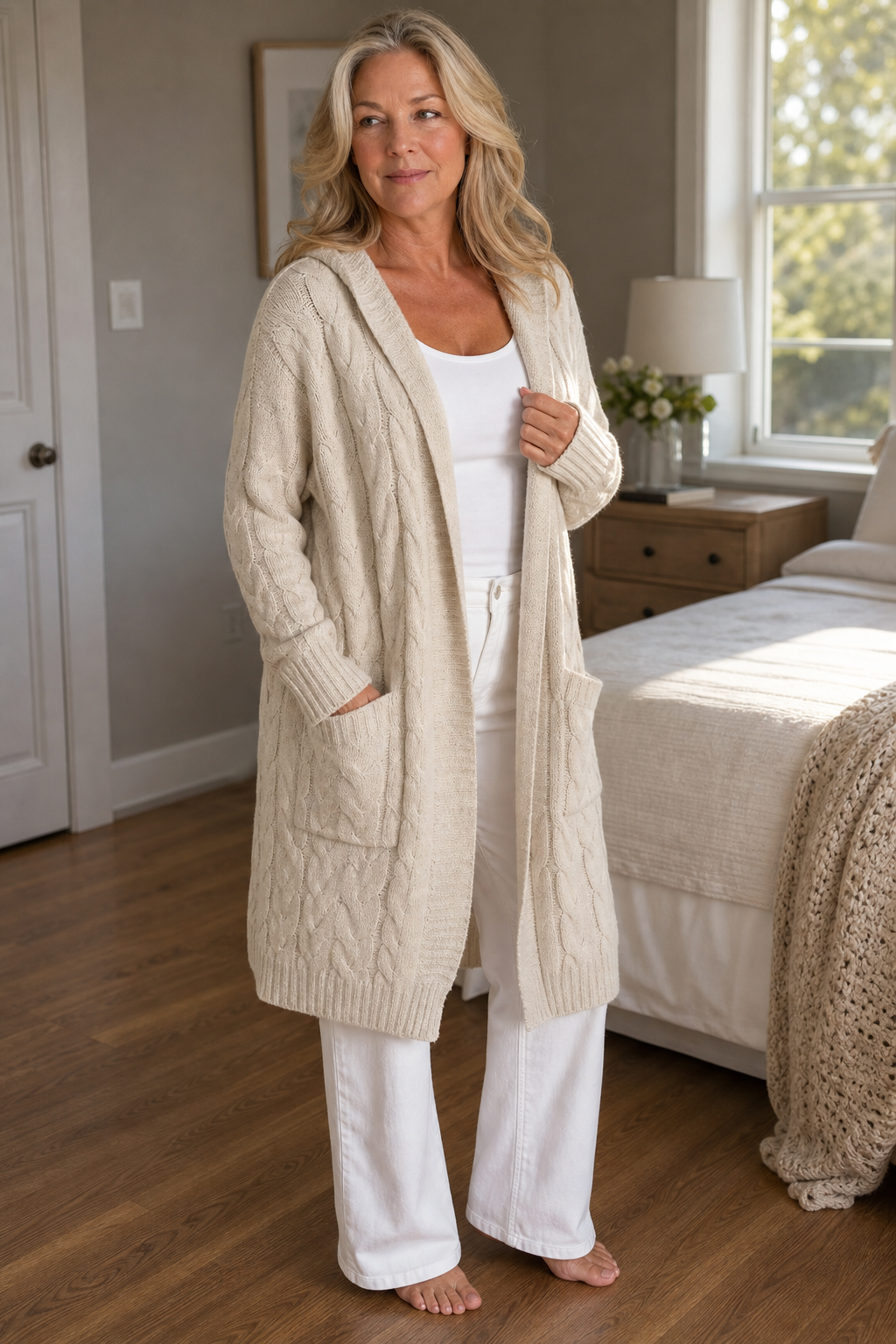 Women's Hooded Cable Knit Cardigan
