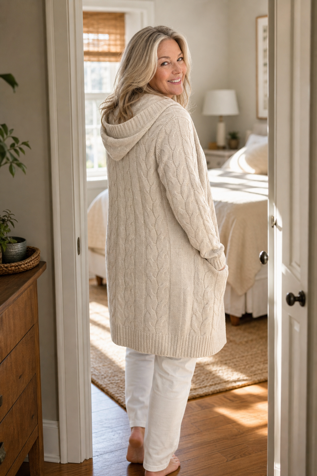 Women's Hooded Cable Knit Cardigan