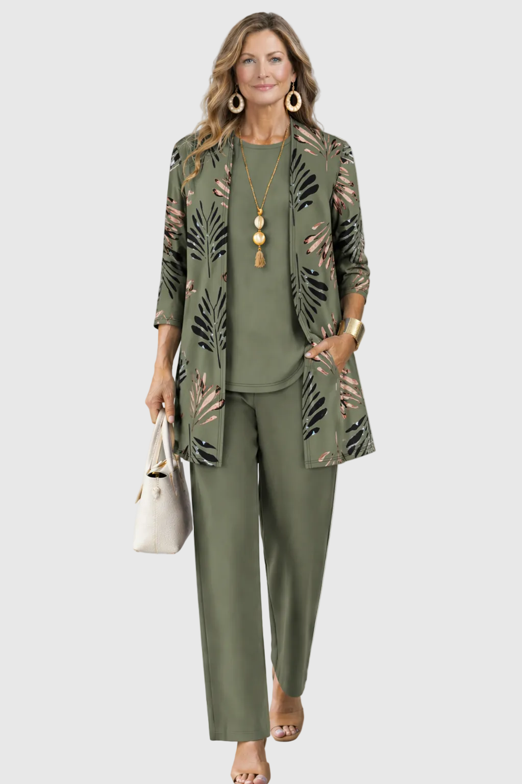 Women's Tropical Print 3-Piece Set with Straight-Leg Pants - Green