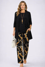 Women's Tropical Print 3-Piece Set with Straight-Leg Pants - Black