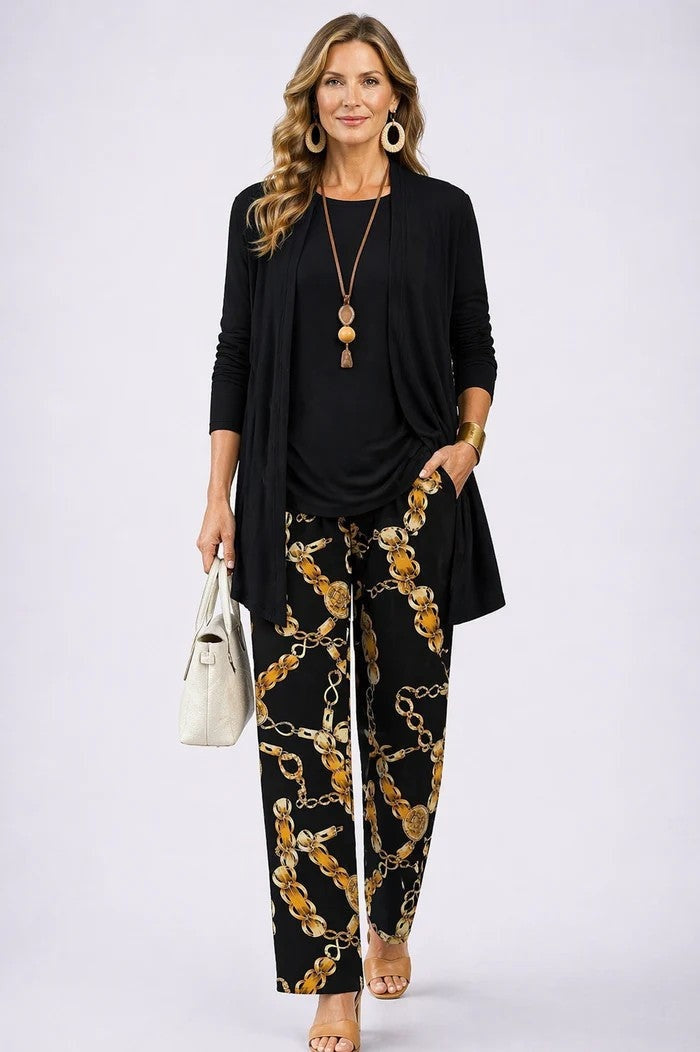 Women's Tropical Print 3-Piece Set with Straight-Leg Pants - Black