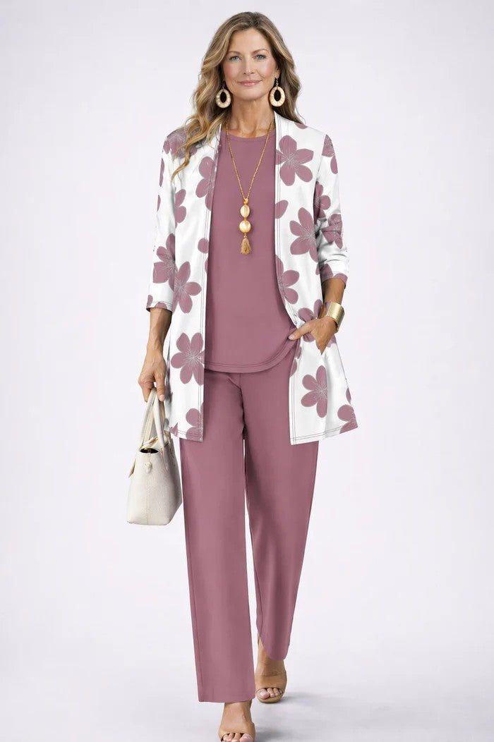 Women's Tropical Print 3-Piece Set with Straight-Leg Pants - Dusty Rose