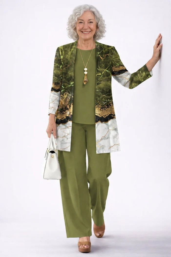 Women's Tropical Print 3-Piece Set with Straight-Leg Pants - Olive
