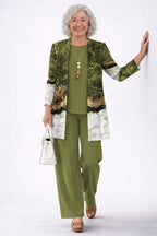Women's Tropical Print 3-Piece Set with Straight-Leg Pants - Olive