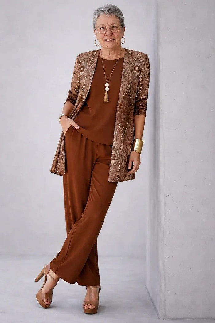Women's Tropical Print 3-Piece Set with Straight-Leg Pants - Reddish Brown