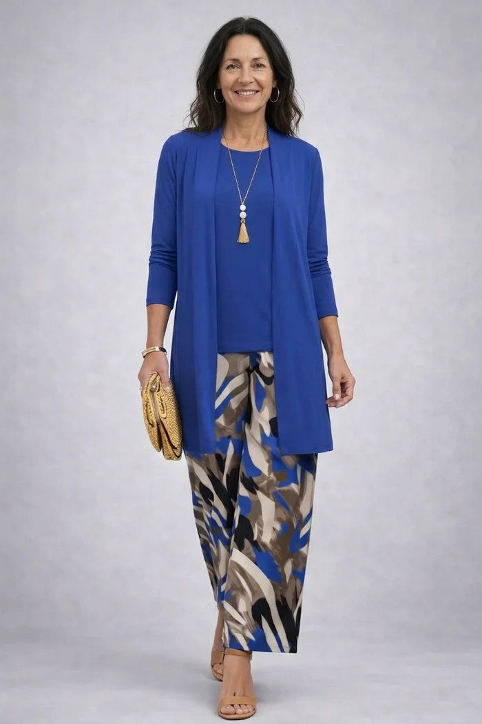 Women's Tropical Print 3-Piece Set with Straight-Leg Pants - Blue