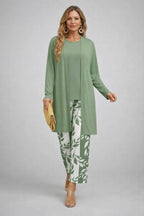 Women's Tropical Print 3-Piece Set with Straight-Leg Pants - Green and White