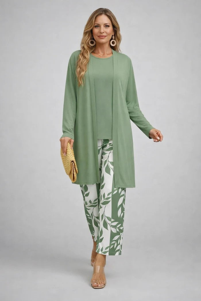 Women's Tropical Print 3-Piece Set with Straight-Leg Pants - Green and White