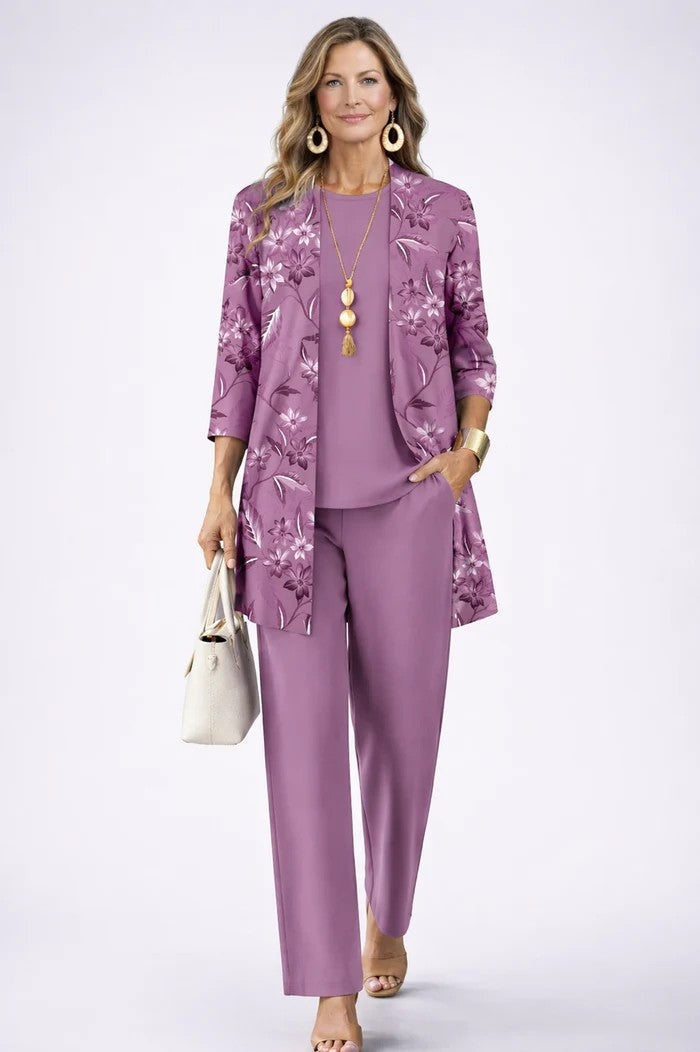 Women's Tropical Print 3-Piece Set with Straight-Leg Pants - Purple