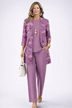 Women's Tropical Print 3-Piece Set with Straight-Leg Pants - Purple