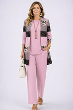 Women's Tropical Print 3-Piece Set with Straight-Leg Pants - Pink