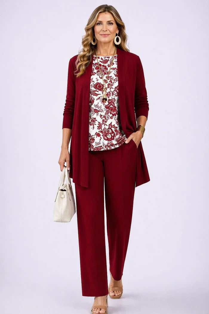 Women's Tropical Print 3-Piece Set with Straight-Leg Pants - White and Red