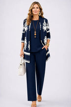 Women's Tropical Print 3-Piece Set with Straight-Leg Pants - Navy