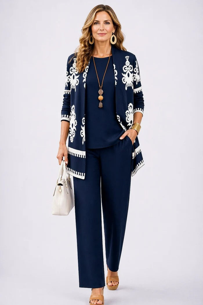 Women's Tropical Print 3-Piece Set with Straight-Leg Pants - Navy
