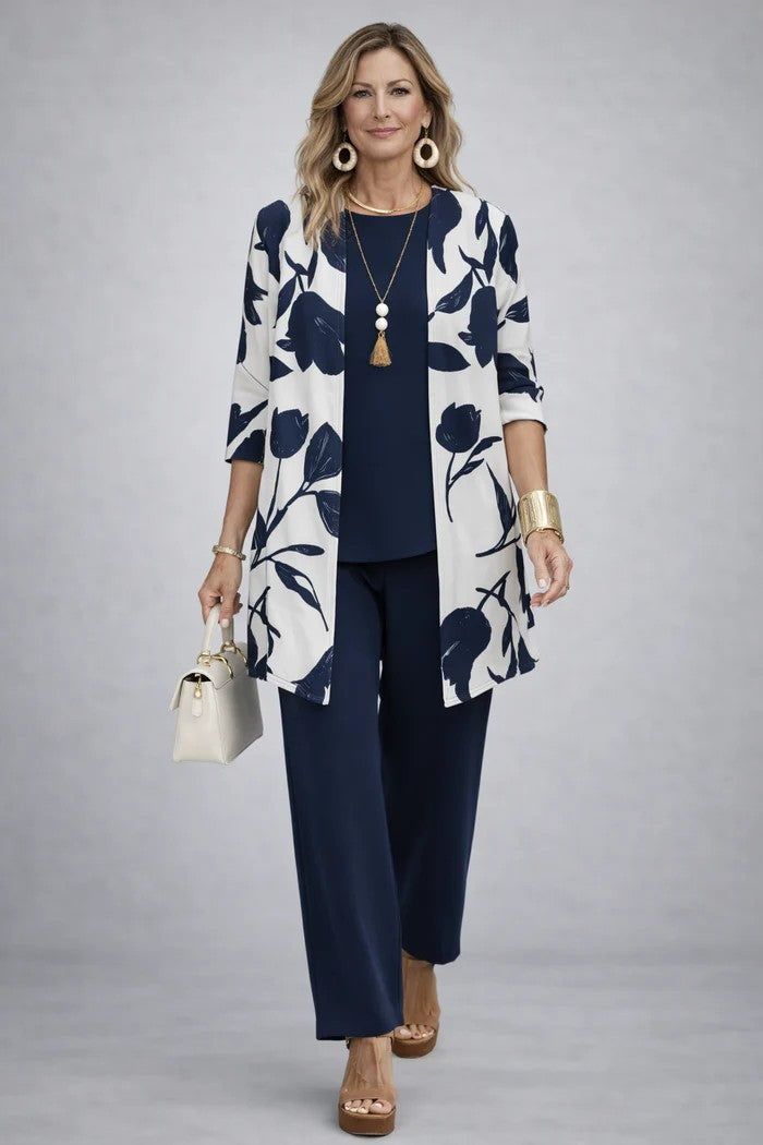 Women's Tropical Print 3-Piece Set with Straight-Leg Pants - Blue and White