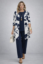 Women's Tropical Print 3-Piece Set with Straight-Leg Pants - Blue and White