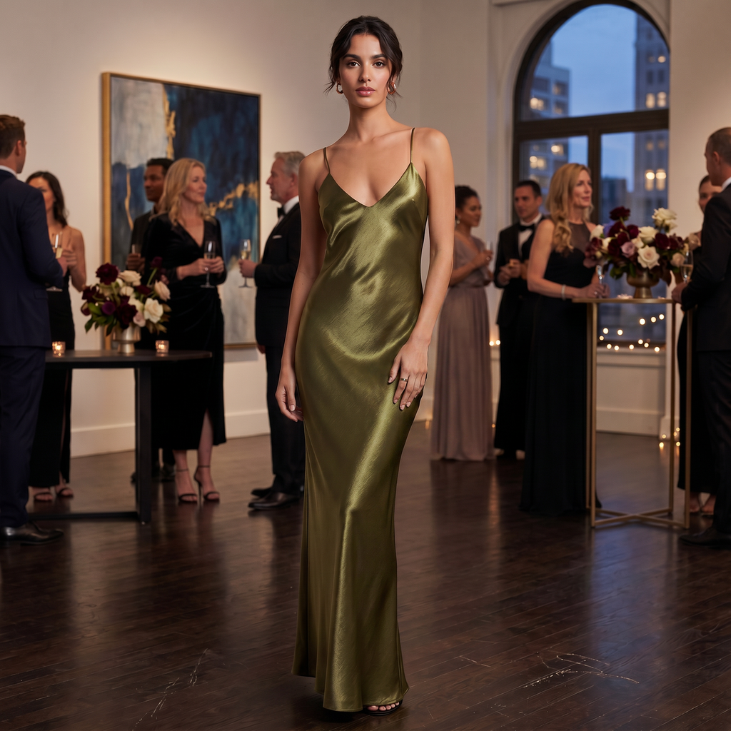 Women's Olive Green Satin Slip Dress