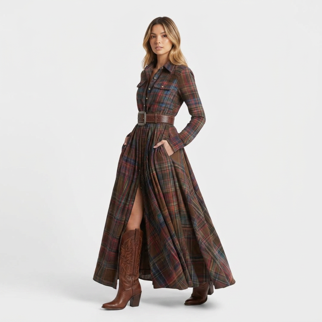 Women's Plaid Long Sleeve Shirt Dress