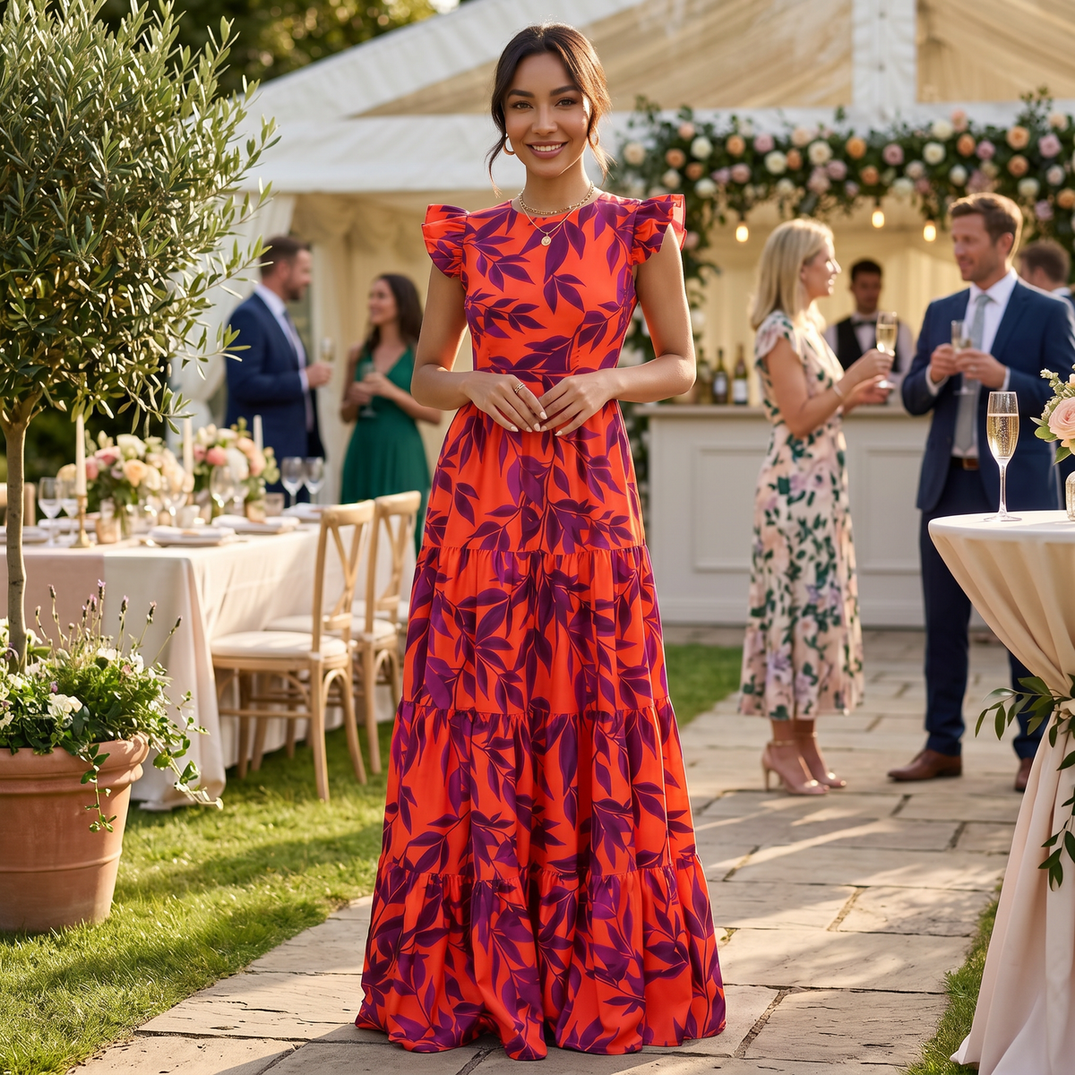 Women's Elegant Red Maxi Wedding Guest Dress