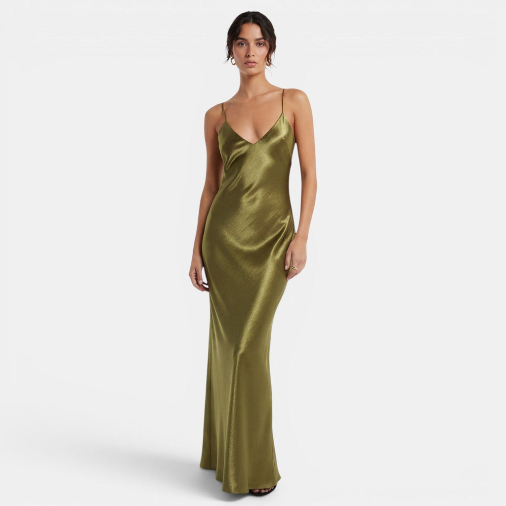 Women's Olive Green Satin Slip Dress - Green