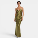 Women's Olive Green Satin Slip Dress - Green