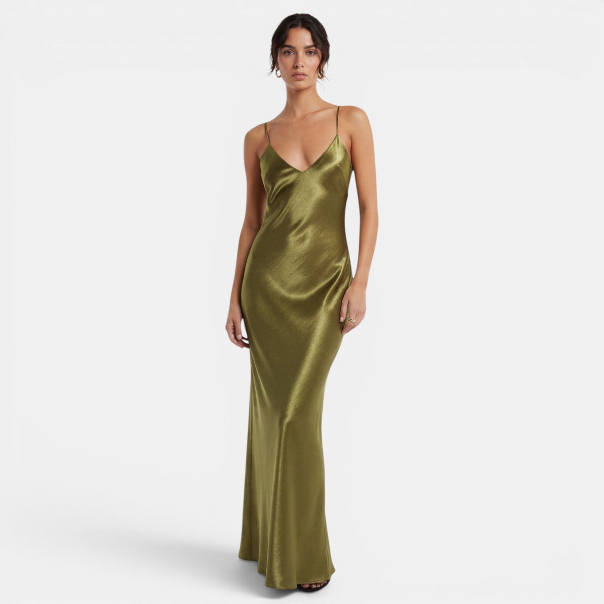 Women's Olive Green Satin Slip Dress - Green