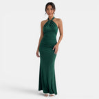 Women's Elegant Halter Maxi Dress - Green
