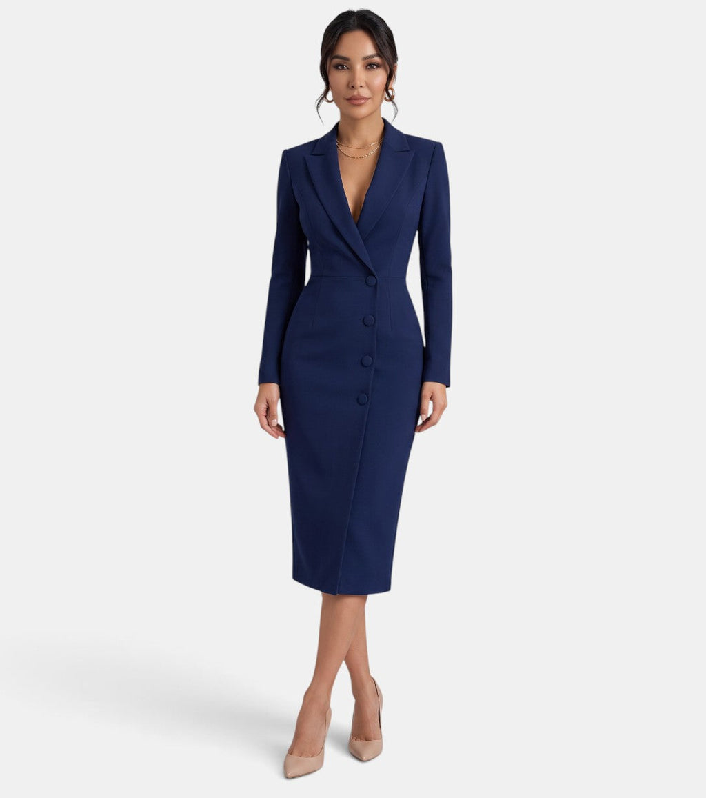 Women's Elegant White Blazer Midi Dress - Navy Blue