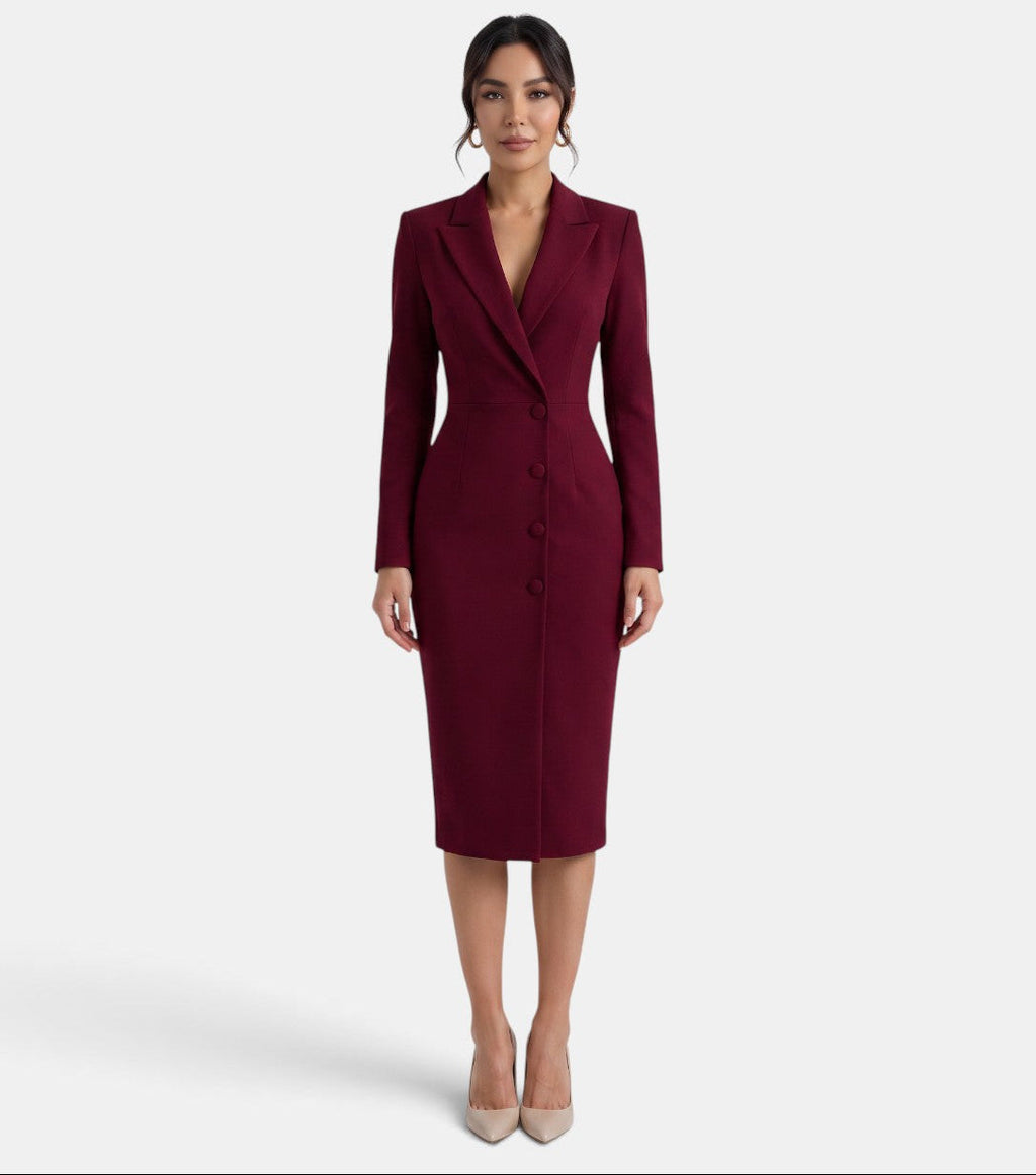 Women's Elegant White Blazer Midi Dress - Wine Red