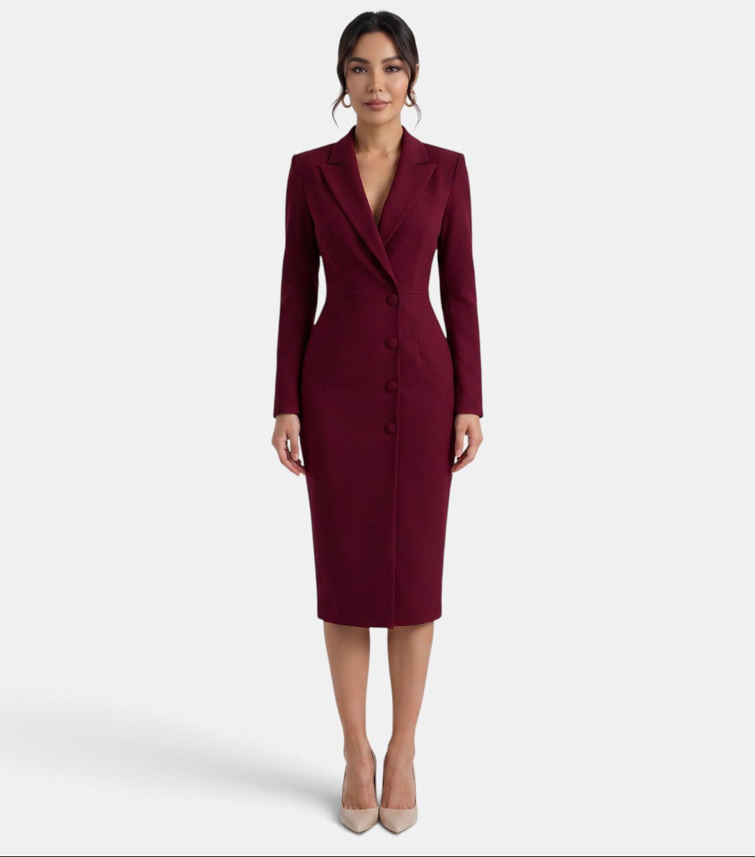 Women's Elegant White Blazer Midi Dress - Wine Red