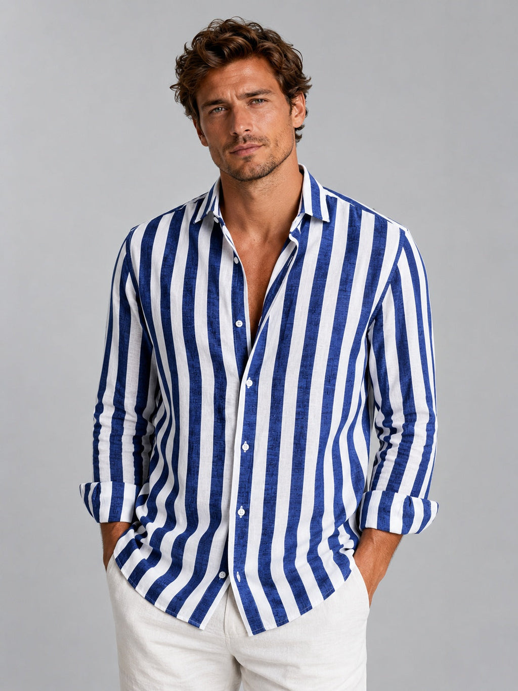 Men's Striped Long Sleeve Linen Shirt - Blue