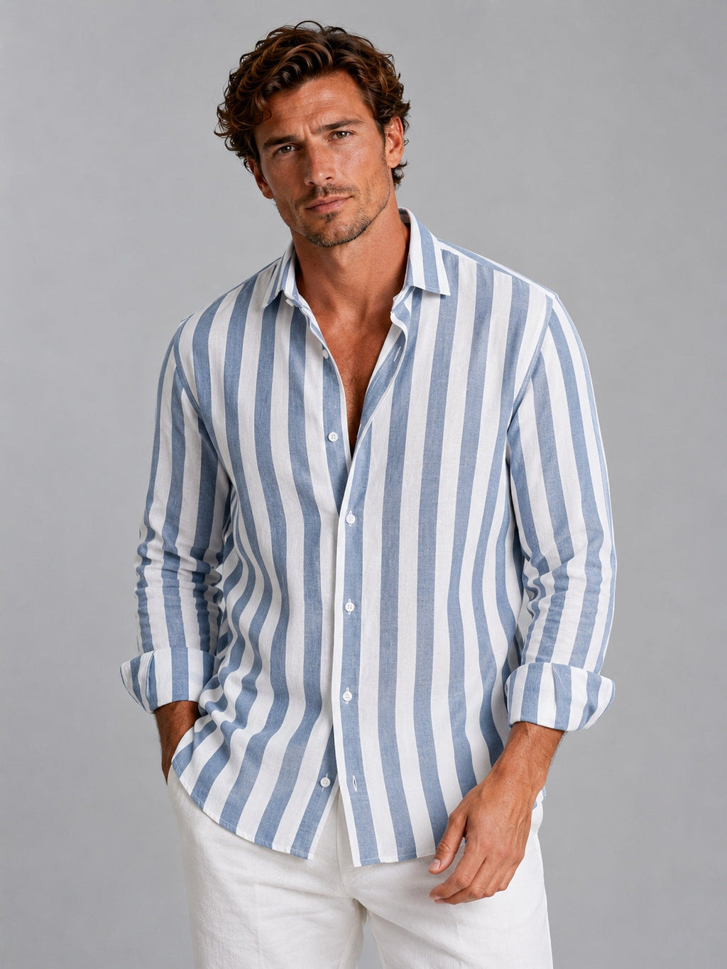 Men's Striped Long Sleeve Linen Shirt - Light Blue