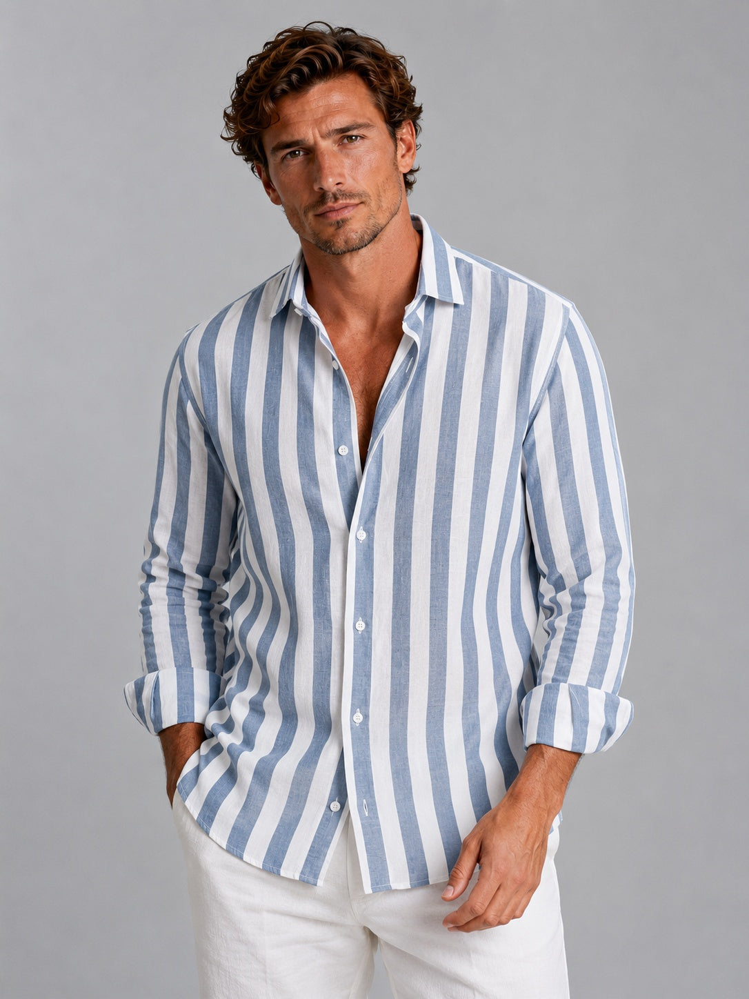 Men's Striped Long Sleeve Linen Shirt - Light Blue