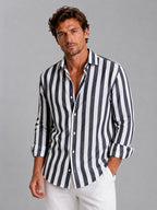 Men's Striped Long Sleeve Linen Shirt - Charcoal