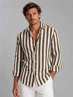 Men's Striped Long Sleeve Linen Shirt - Brown