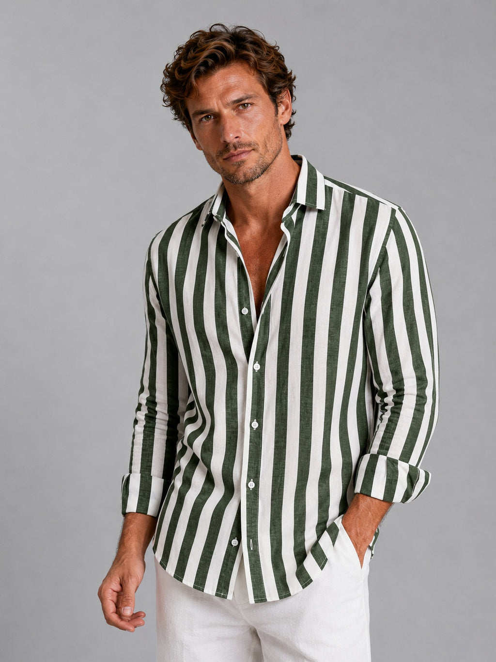 Men's Striped Long Sleeve Linen Shirt - Green