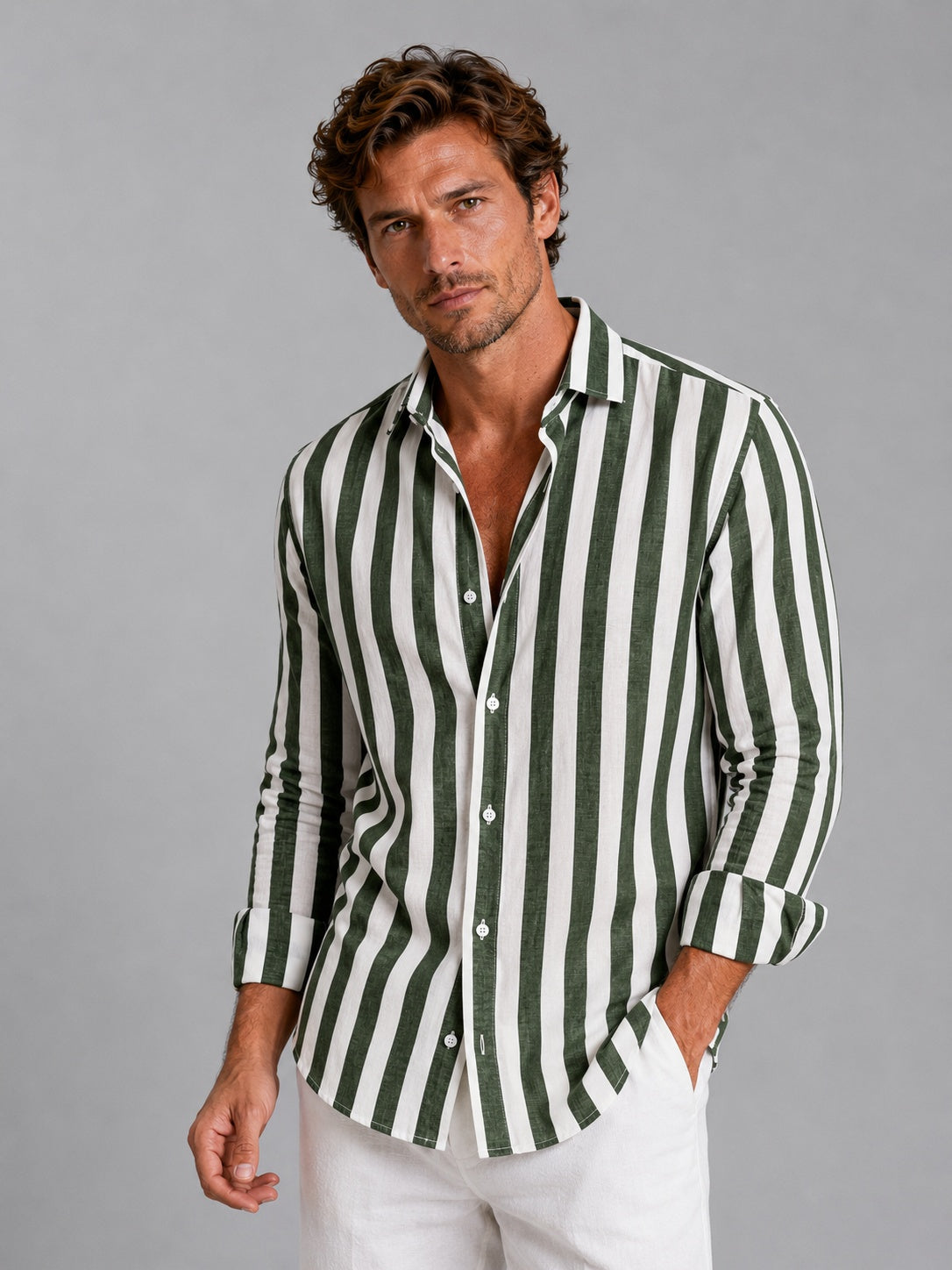 Men's Striped Long Sleeve Linen Shirt - Green
