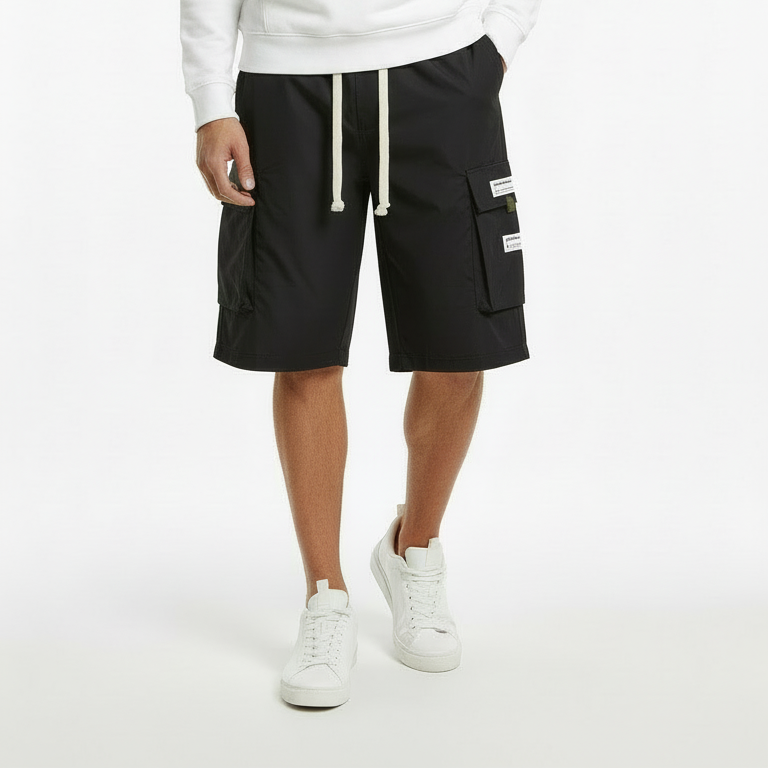 Men's Casual Cargo Capri Pants with Adjustable Drawstring - Black