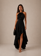 Women's Halter Neck Wedding Guest Dress with Asymmetric Ruffle Hem - Black