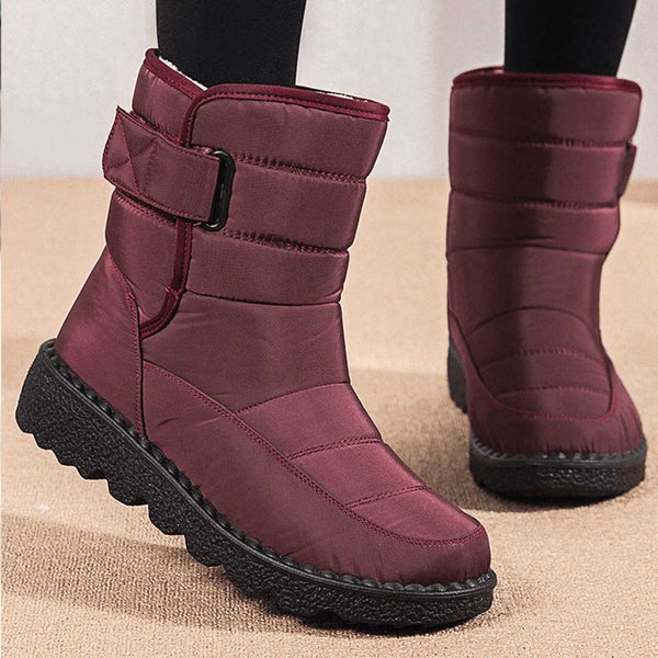 Women's Waterproof Warm-Lined Flat Boots with Hook-and-Loop Strap - Plum