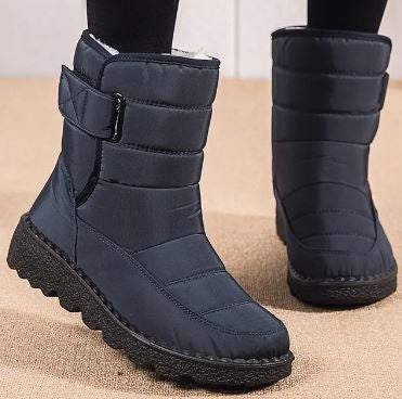 Women's Waterproof Warm-Lined Flat Boots with Hook-and-Loop Strap - Blue