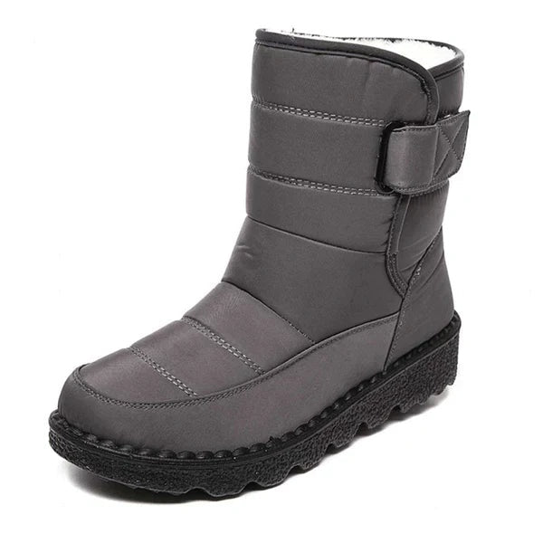 Women's Waterproof Warm-Lined Flat Boots with Hook-and-Loop Strap - Gray