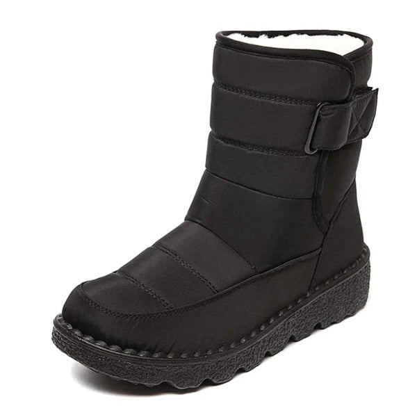Women's Waterproof Warm-Lined Flat Boots with Hook-and-Loop Strap - Black